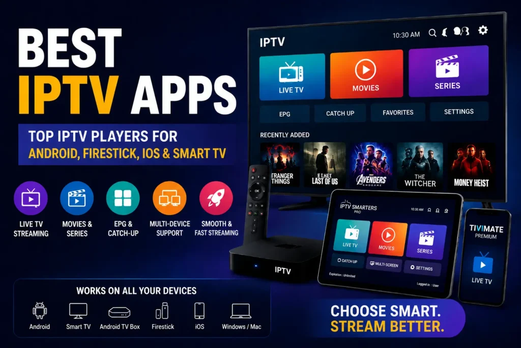 Best IPTV Apps featured banner showing modern IPTV streaming interface across multiple devices including Smart TV, smartphone, tablet, and TV box, highlighting IPTV player apps, live TV, movies, and multi-device support with the focus keyword “best IPTV apps”.