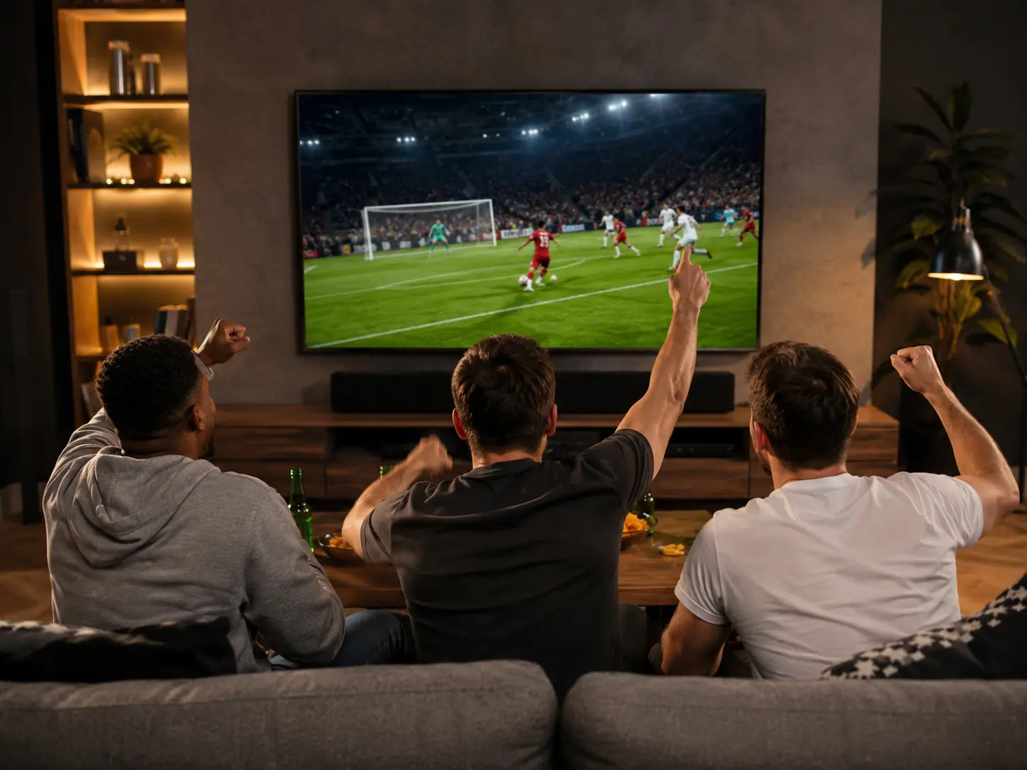 Celebrating a goal in the living room, watching Lite4K IPTV