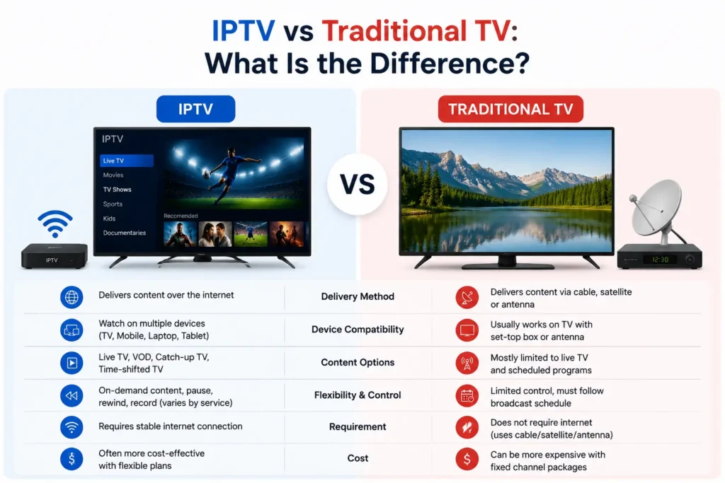 Comparison image showing IPTV versus traditional TV, highlighting internet streaming, on-demand features, live TV, and flexibility across devices compared to cable or satellite TV.