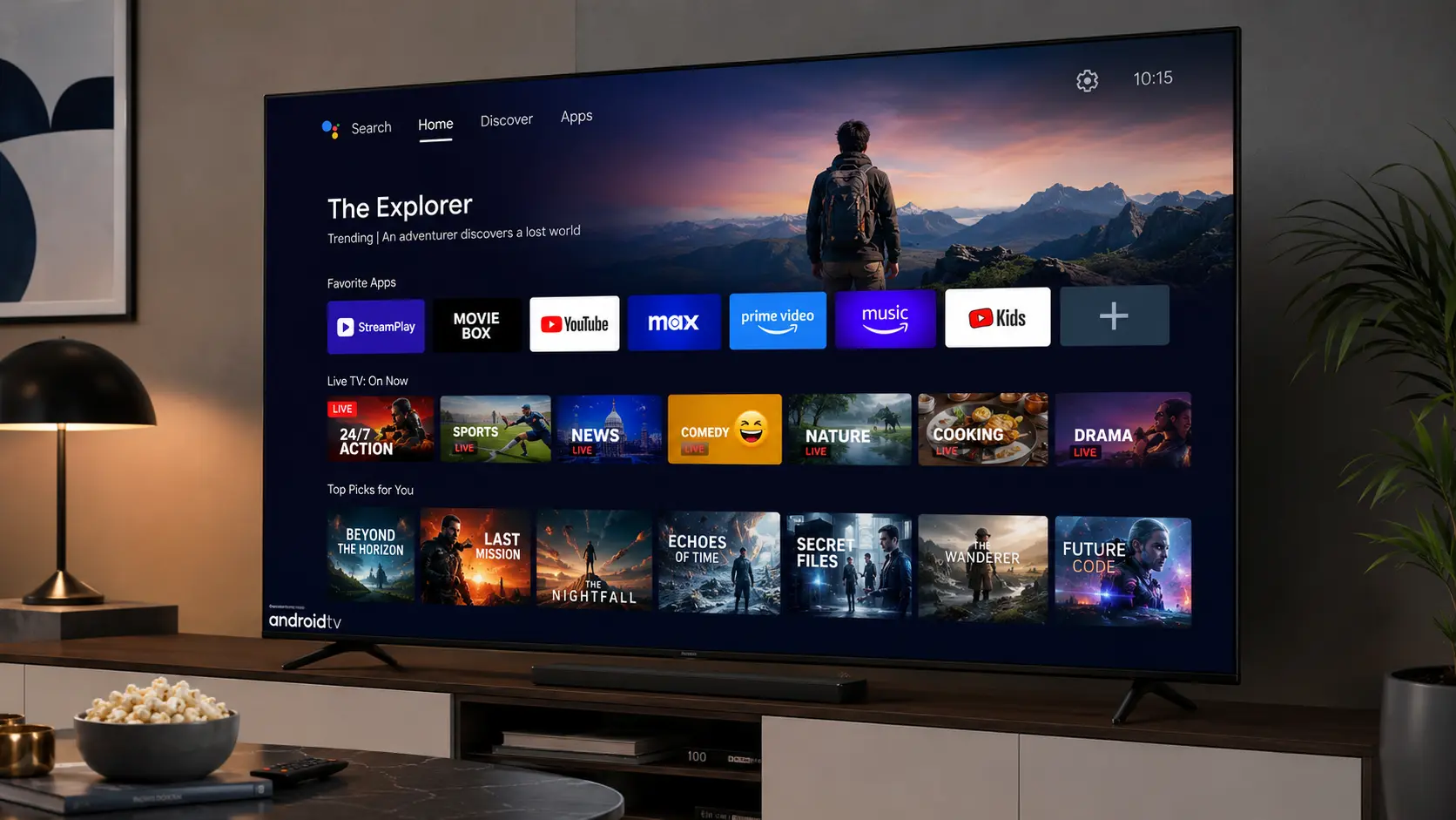 Cozy living room with modern entertainment setup