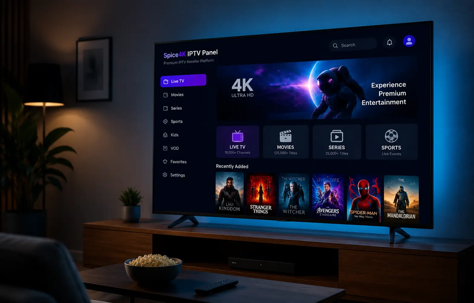 Cozy modern Spice4K IPTV entertainment setup