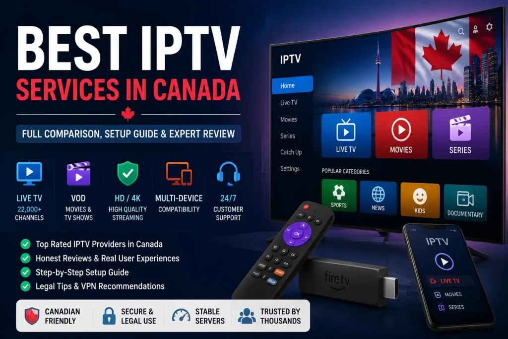 Featured banner for Best IPTV Service in Canada, showing modern IPTV streaming interface, smart TV dashboard, devices like Firestick and mobile apps, highlighting live TV