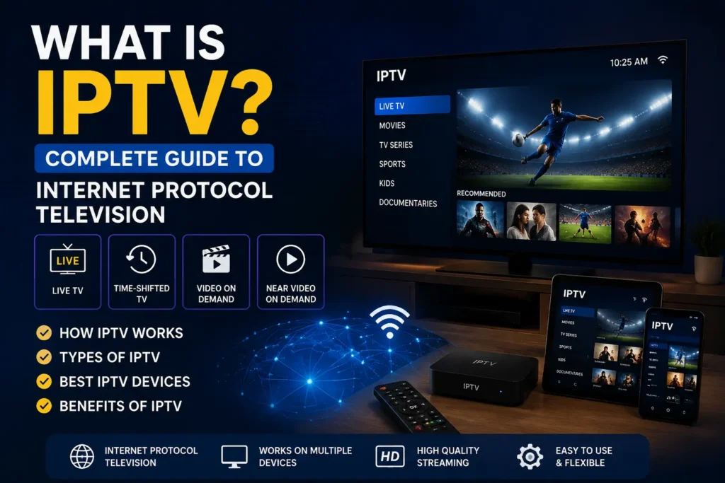 Featured image for What is IPTV article showing Internet Protocol Television setup with live TV, video on demand, and multiple devices including TV, tablet, and smartphone.