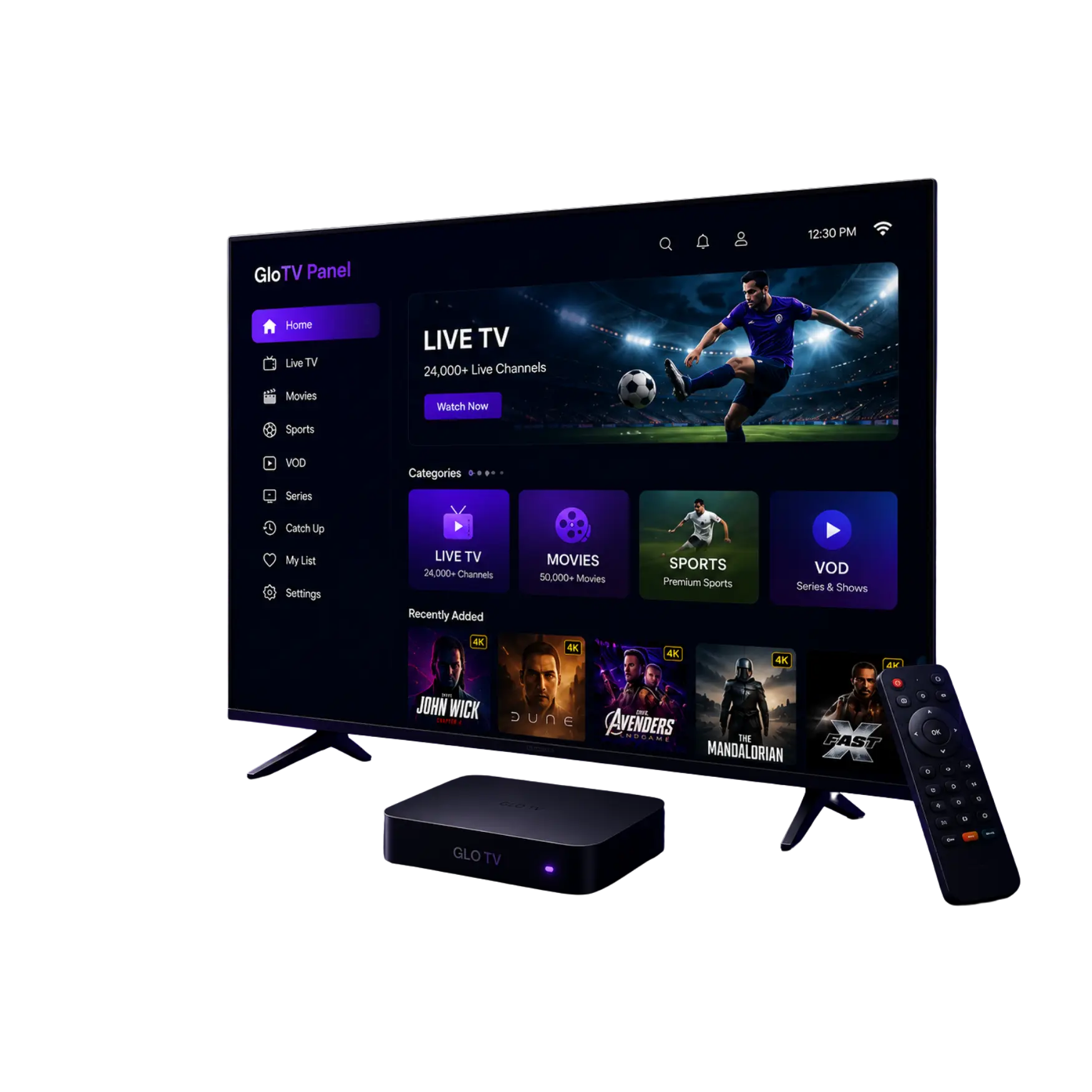 GloTV Panel Futuristic tech promo with streaming interface