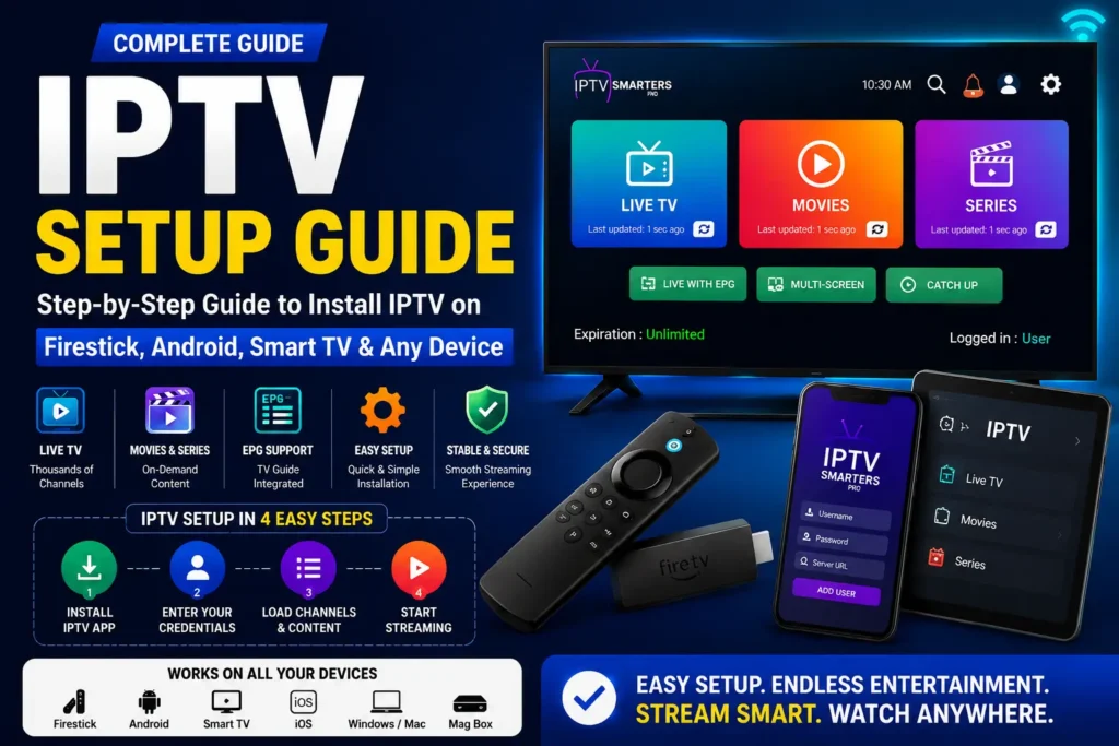 IPTV Setup Guide featured image showing step-by-step installation process for Firestick, Android, Smart TV, and other devices, highlighting IPTV apps, streaming interface, and device compatibility for easy IPTV configuration and setup.