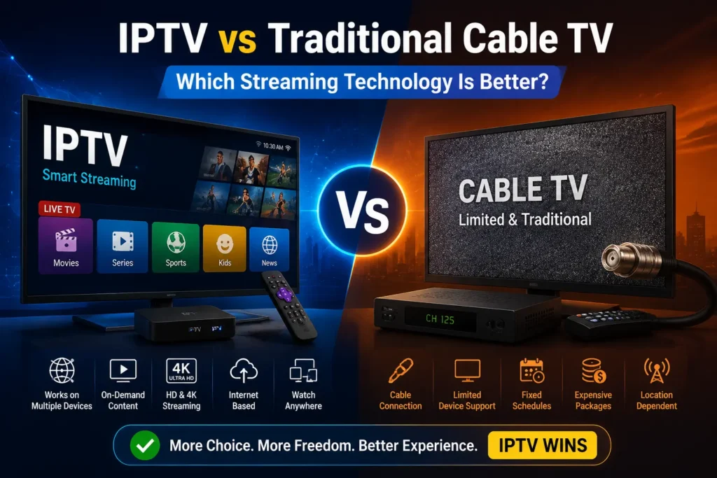 IPTV vs Traditional Cable TV comparison featured image showing IPTV streaming services versus traditional cable television, highlighting differences in technology, streaming quality, device support, and viewing flexibility under the focus keyword “IPTV vs Traditional Cable TV”.