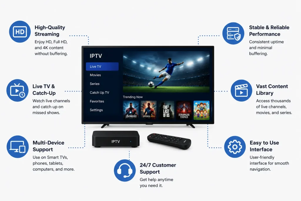 Infographic showing important features of a good IPTV service, including high-definition streaming, live TV, multi-device support, vast content library.
