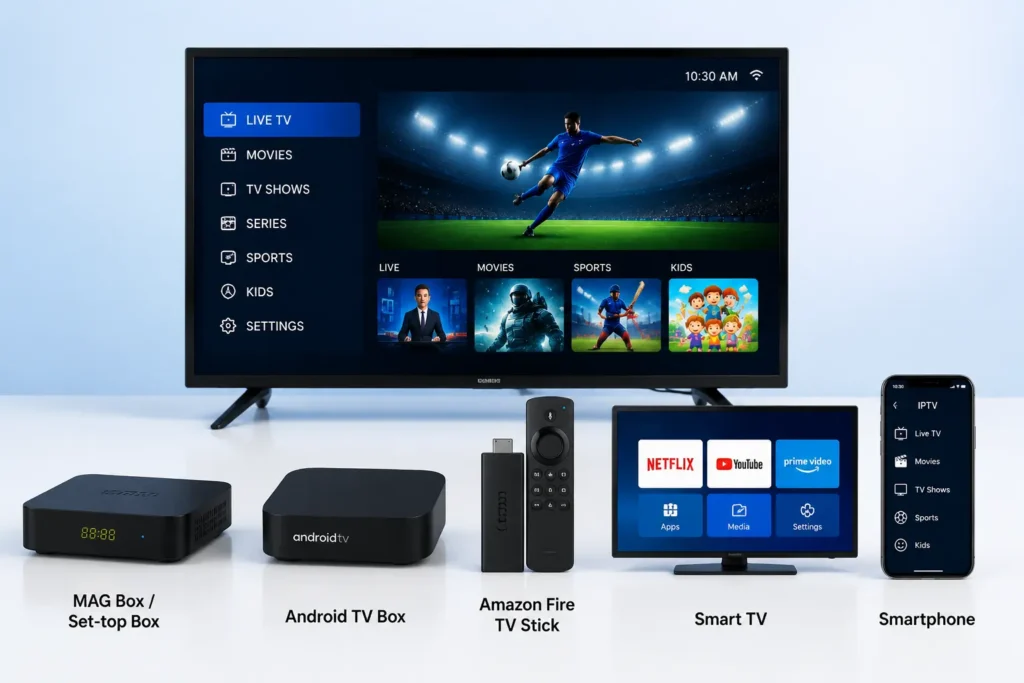 Modern display showing best devices for IPTV including MAG box, Android TV box, Amazon Fire TV Stick, Smart TV, and smartphone with IPTV interface on screens.
