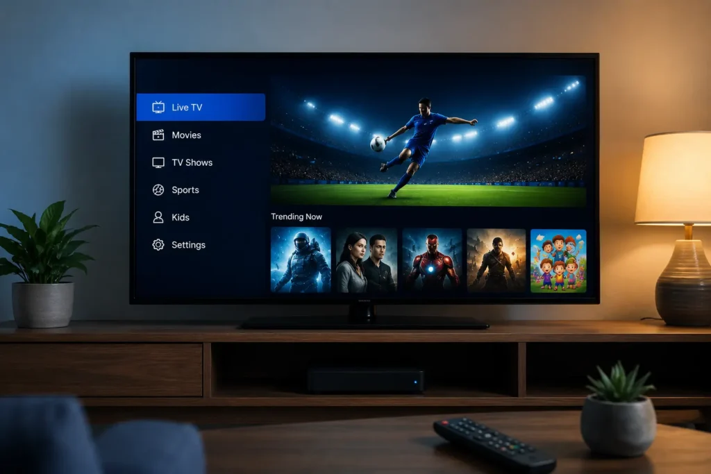 Modern living room with a flat-screen TV displaying an IPTV interface showing live TV, movies, sports, and series, with a media console and minimalistic decor.