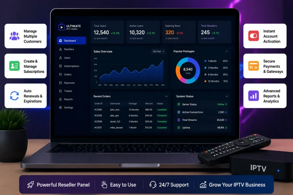 Sleek Ultimate IPTV Panel reseller dashboard interface