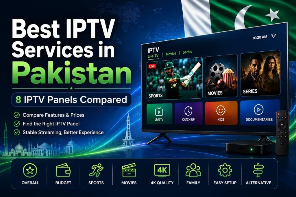 Best IPTV services in Pakistan comparison featuring 8 IPTV panels for sports, movies, 4K streaming, family entertainment and easy setup.