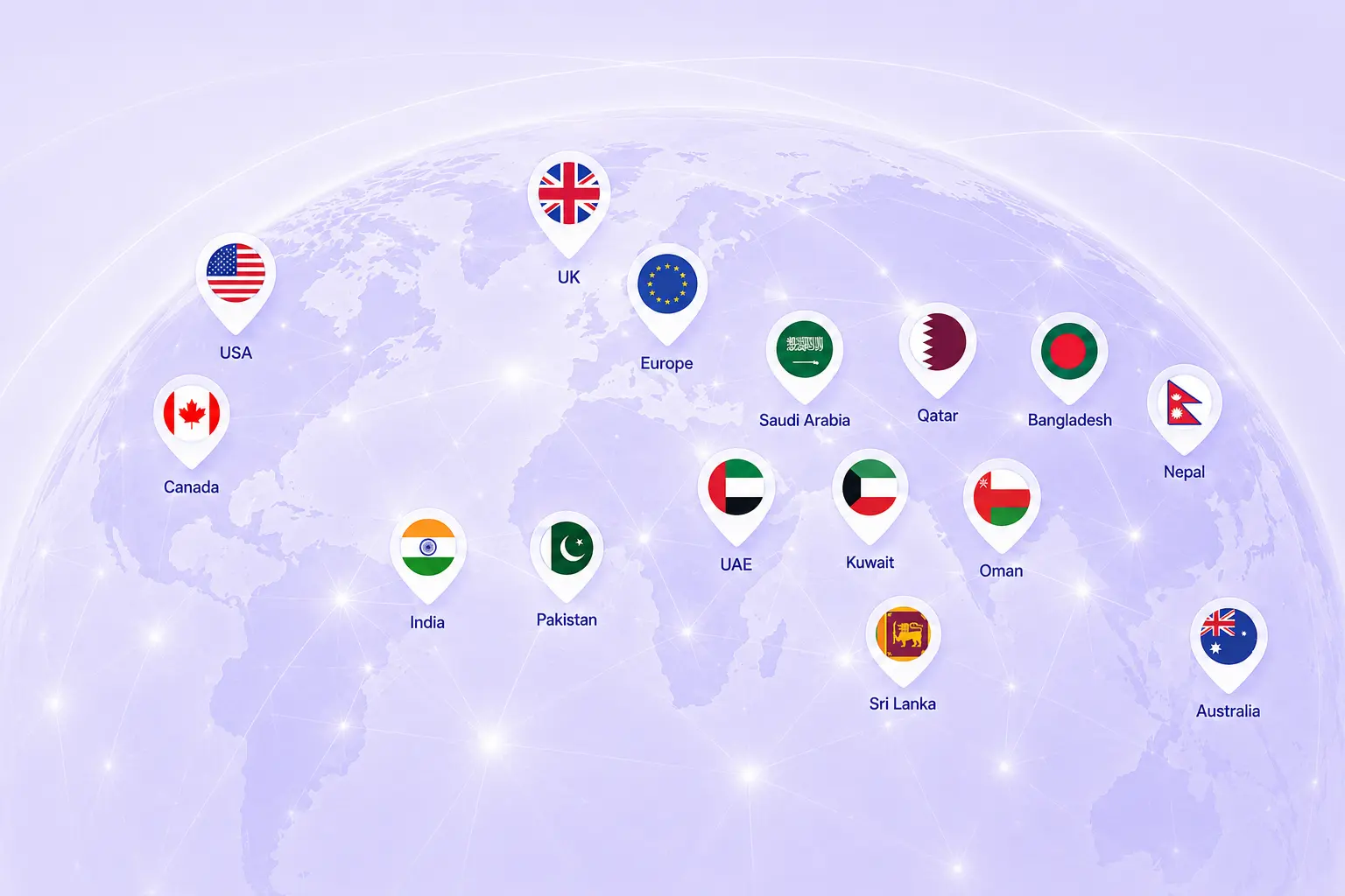 Global network of nations in lavender