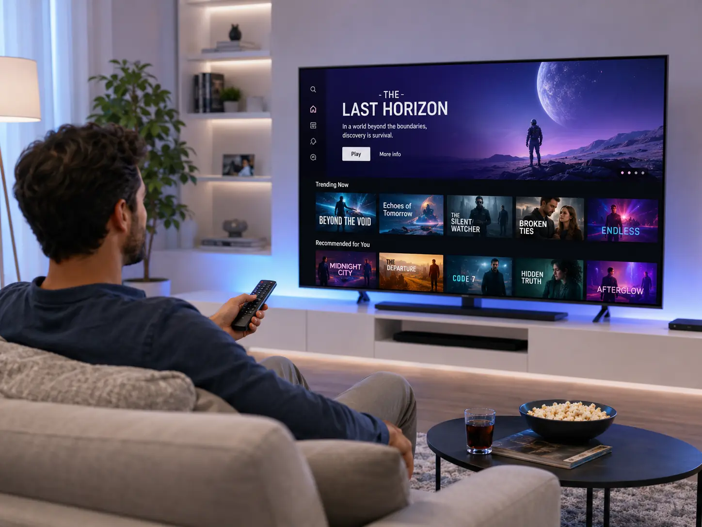 Man watching TV, remote control in hand. VOD service on TV