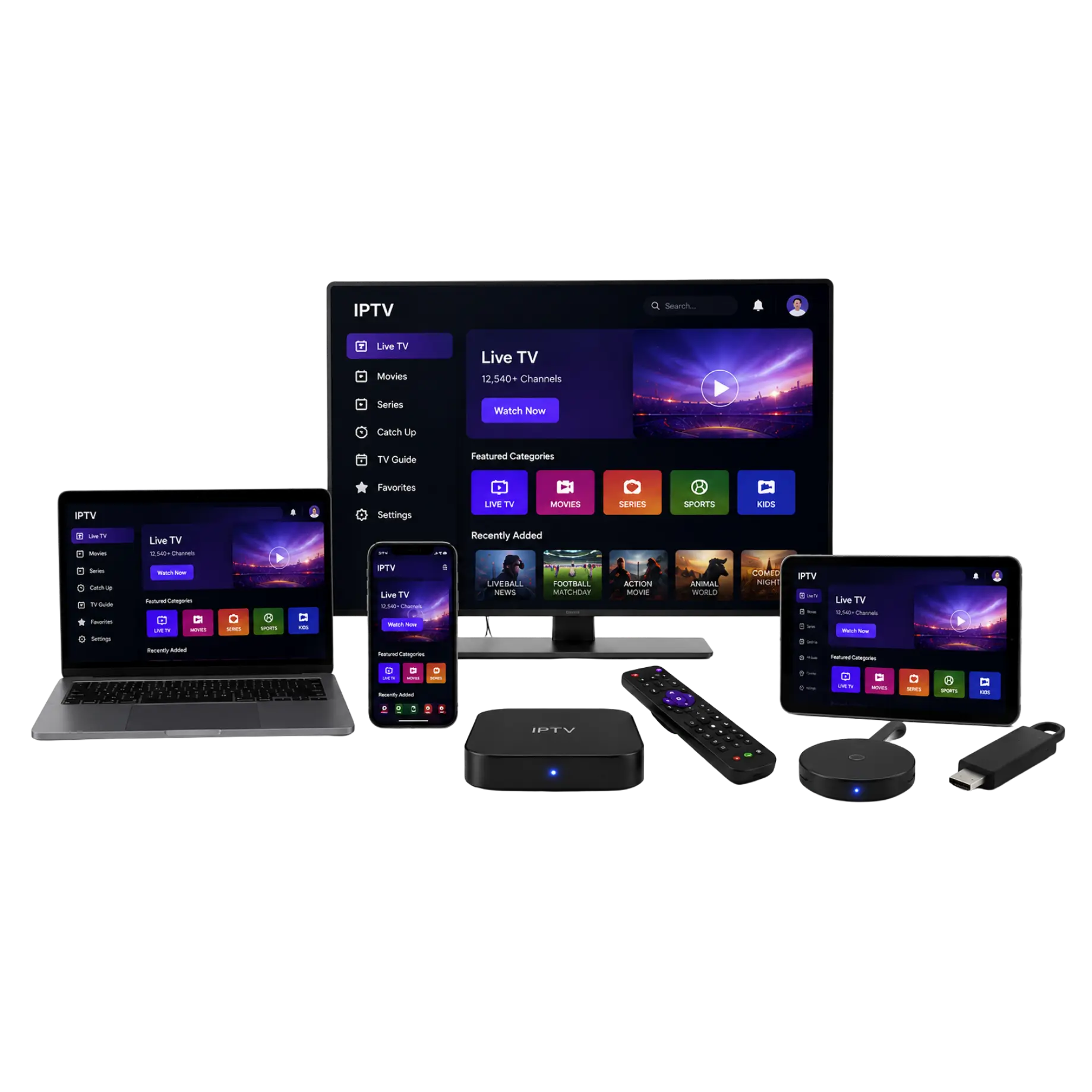 Streaming devices with purple IPTV Panels interface