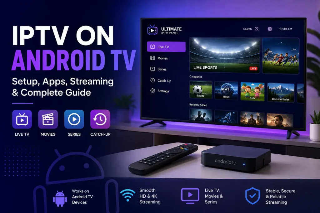 IPTV on Android TV setup showing IPTV streaming apps, live TV, movies, series, and 4K streaming on an Android TV device.